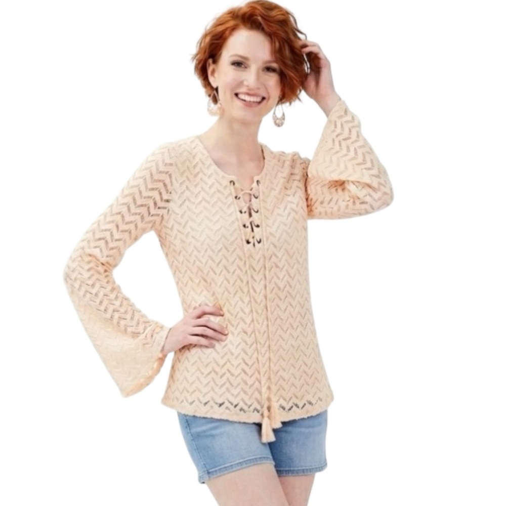 Blu Pepper Women Top Size Large Cream Chevron Lace-Up Long Sleeve Top Back Zip